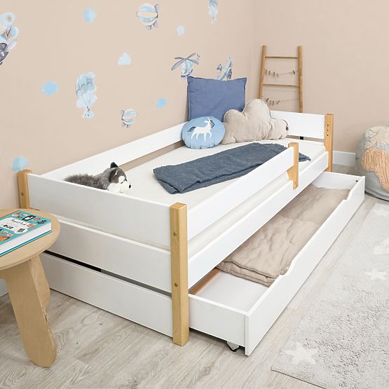 Children's Wooden Bed Scandie with Guardrail - White