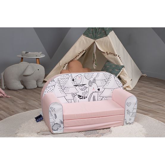 Children's sofa Forest animals - pink-black-white