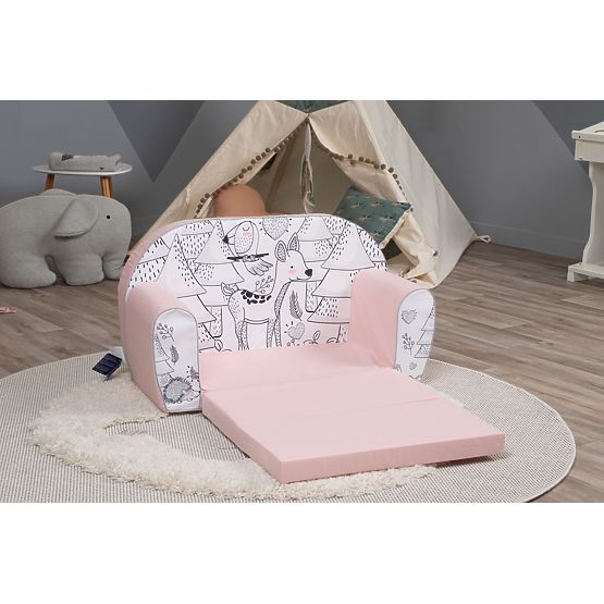 Children's sofa Forest animals - pink-black-white
