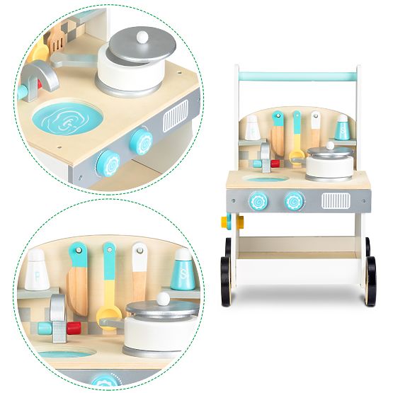 Children wooden kitchenette with wheels