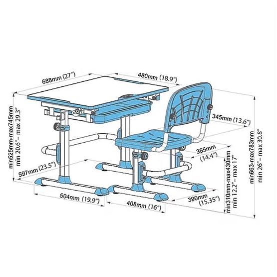 Children writing table + chair Cubby Lupin - blue