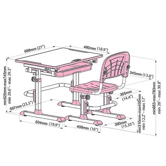Children writing table + chair Cubby Lupin - pink