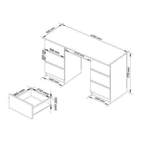COMPUTER DESK A-11 135 cm 6 DRAWERS PK WHITE / WHITE GLOSS