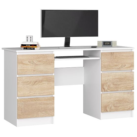 COMPUTER DESK A-11 135 cm 6 DRAWERS WHITE / SONOMA
