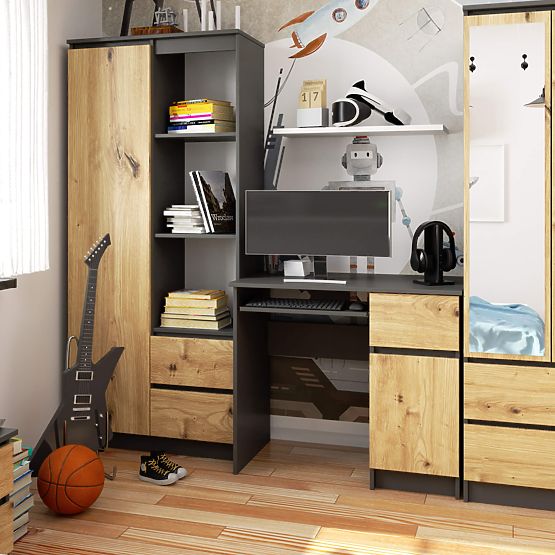 COMPUTER DESK PIKSEL PK GRAY / ARTISAN OAK - RIGHT