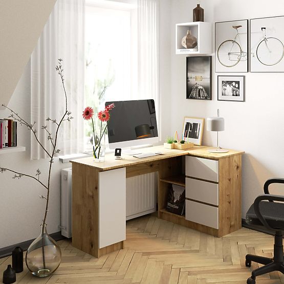 Corner Desk B20 155 cm Right - PK Artisan Oak-White - 3 Drawers