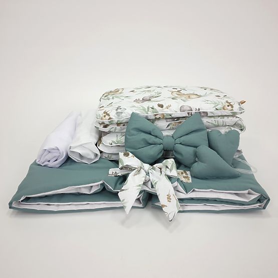 Cotton Green Bedding Set for Wicker Cradle - Forest Animals