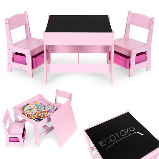 Children's Furniture Set Table + 2 Chairs with Blackboard Pink ECOTOYS