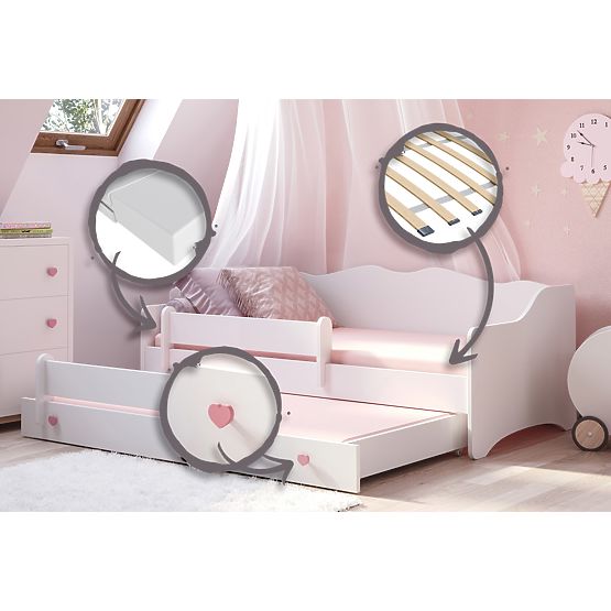 Double Bed EMMA with Drawer and Guardrail 160x80 Pink Handle