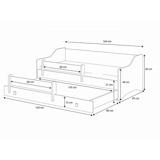 Double Bed ERYK with Drawer and Guardrail 160x80 Black Handle