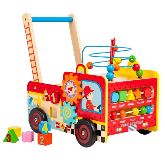 Wooden educational walker with cubes - fire car