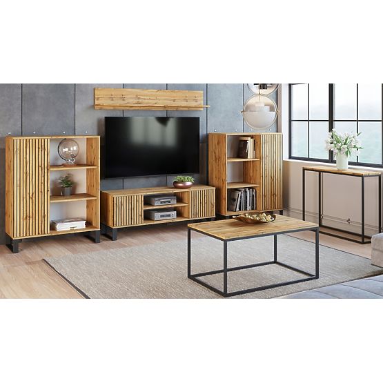 Fondi Cabinet Shelf Golden Craft Oak - Black, Slat Decor