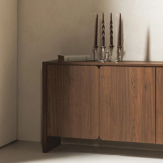 Four-Door Sideboard Moku Walnut Villa, Rounded Front Surfaces