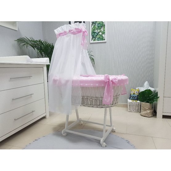 Wicker cot with equipment for baby - pink stars