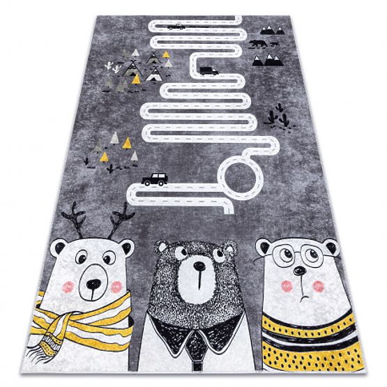 JUNIOR 52107.801 Washable Rug Bears, Animals, Streets for Kids Anti-Slip - Grey