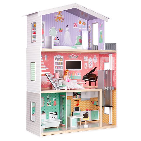 Large Wooden Dollhouse with Movable Elevator and Furniture ECOTOYS