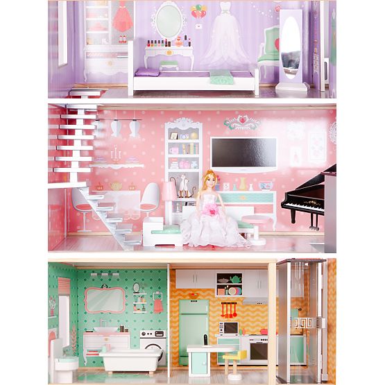 Large Wooden Dollhouse with Movable Elevator and Furniture ECOTOYS