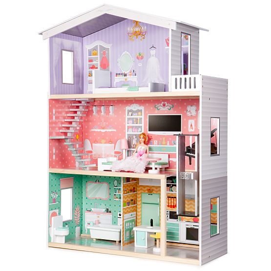 Large Wooden Dollhouse with Movable Elevator and Furniture ECOTOYS