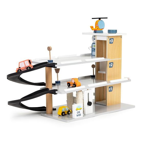 Large Wooden Garage with Elevator + Cars, Helicopter, Car Wash ECOTOYS