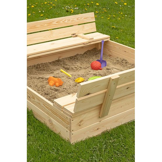 Closable Children's Sandbox with Benches - 120x120 cm