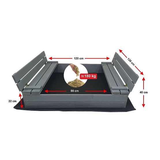 Closable Sandbox with Benches 120x120 cm - Grey