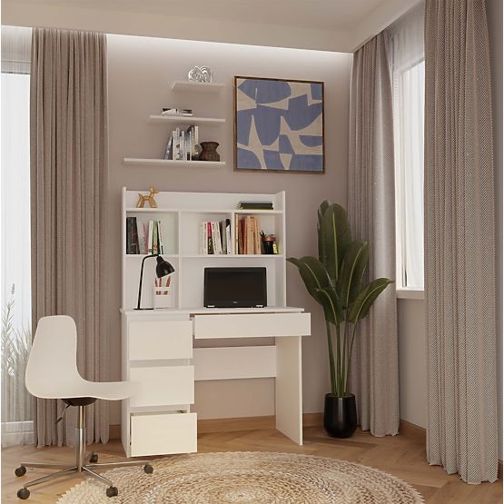 MIJAS Left Desk with Hutch Matte White 4 Drawers 4 Shelves for Office Room