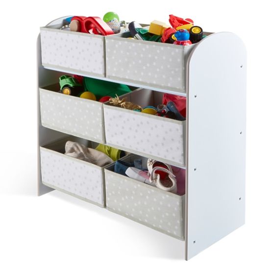 Toy organizer with gray and white boxes