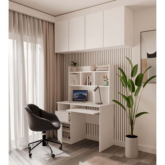 PORTO Left Desk with Top Matte White Drawer Shelves for Office Room