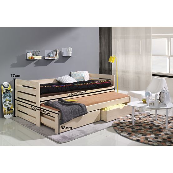 Children's Bed with Trundle and Guardrail Praktik - Natural