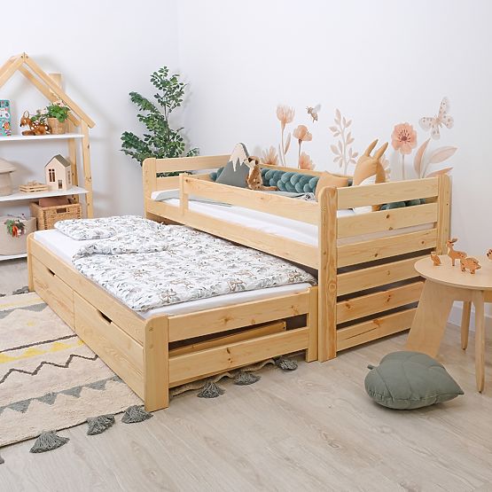 Children's Bed with Trundle and Guardrail Praktik - Natural