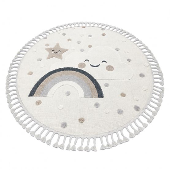 Round Carpet YOYO EY78 White/Beige - Cloud, Rainbow, Dots for Children, Textured, Sensory Fringe