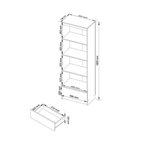 SHELF R 60 cm CLP 1 DRAWER 4 SHELVES WHITE / METALLIC GLOSS