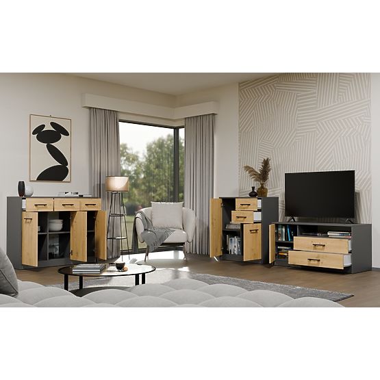 SIMPLO 2D2S Sideboard Cabinet 2 Drawers 2 Doors for Living Room ANTHRACITE OAK ARTISAN