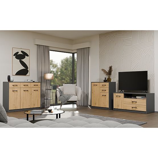 SIMPLO 3D3S Sideboard 3 Drawers 3 Doors ANTHRACITE ARTISAN OAK