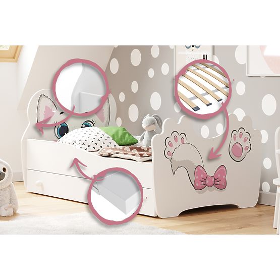 Single Bed Pink Cat 140x70 with Drawer