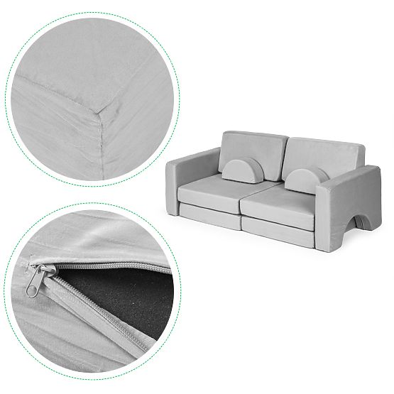 Large Folding Modular Sofa for Kids 2-Seater DIY 10 Soft Cushions - Gray ECOTOYS