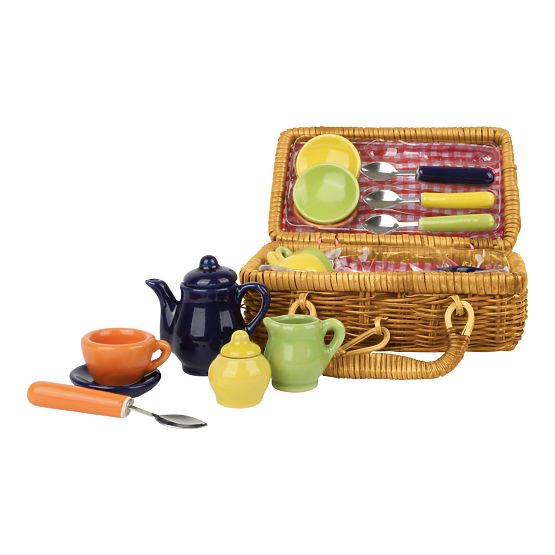Small Foot Picnic basket with colorful ceramic dishes