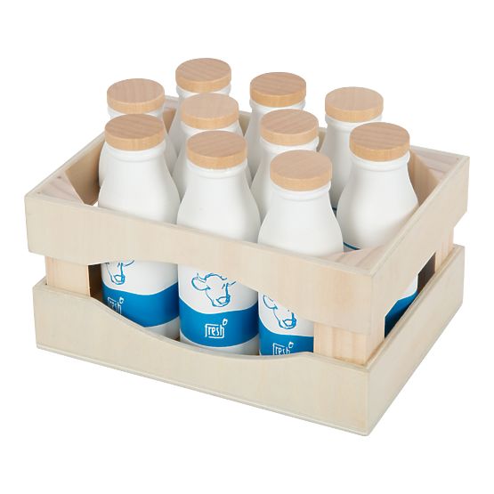 small foot Wooden Crate with Milk Bottles Fresh