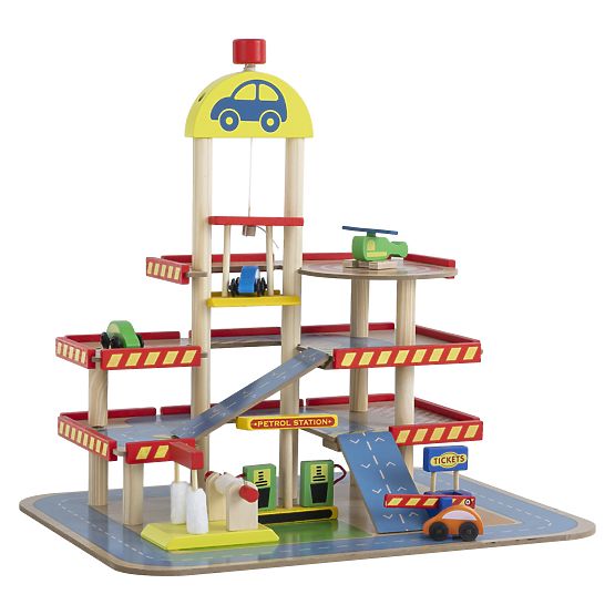 Tomi's wooden garage with lift, toy cars and helicopter