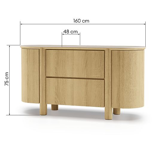Two-Door Sideboard with Drawers Segretto, Rounded, Natural Oak, Travertine