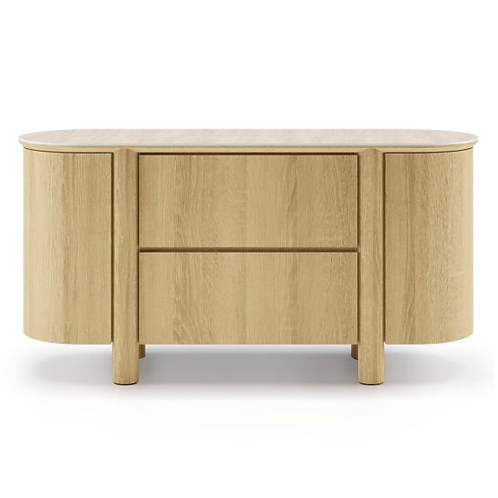 Two-Door Sideboard with Drawers Segretto, Rounded, Natural Oak, Travertine