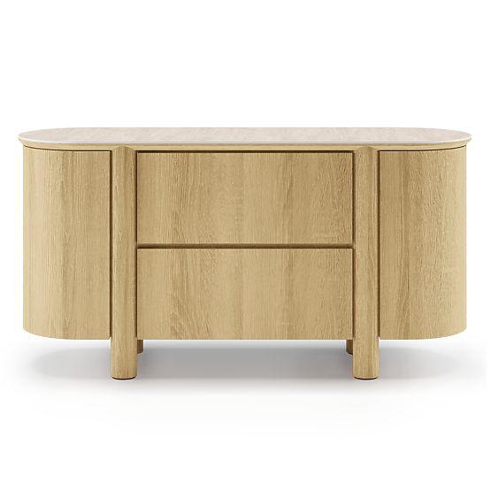 Two-Door Sideboard with Drawers Segretto, Rounded, Natural Oak, Travertine