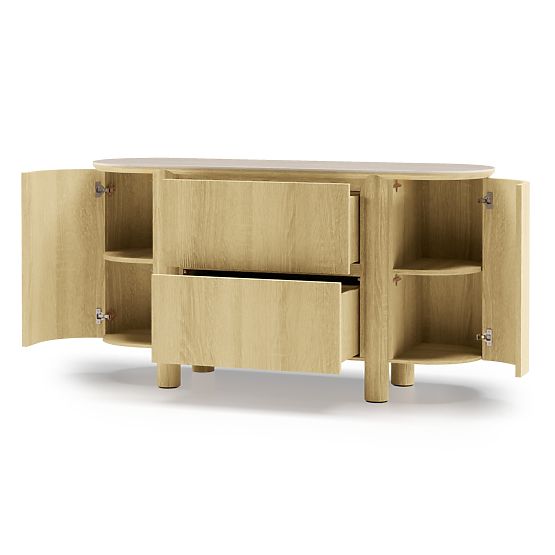 Two-Door Sideboard with Drawers Segretto, Rounded, Natural Oak, Travertine