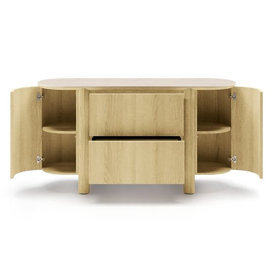 Two-Door Sideboard with Drawers Segretto, Rounded, Natural Oak, Travertine