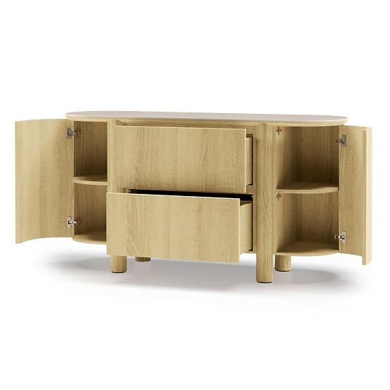 Two-Door Sideboard with Drawers Segretto, Rounded, Natural Oak, Travertine