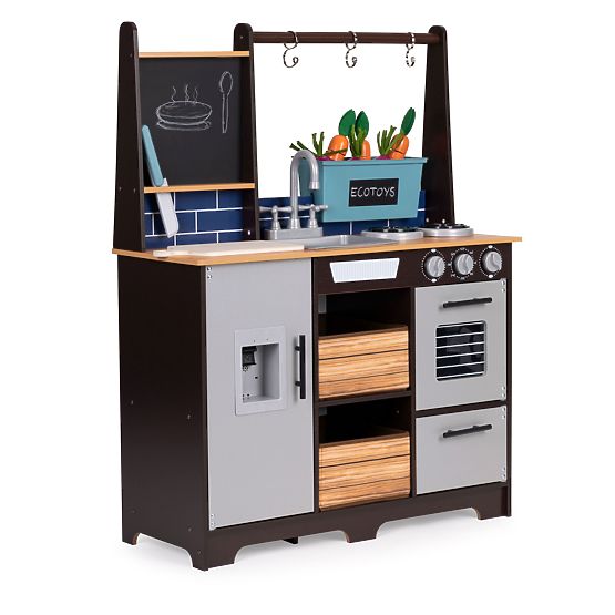 Large Wooden Children's Kitchen with Vegetable Stand and Accessories ECOTOYS
