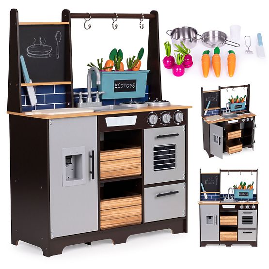 Large Wooden Children's Kitchen with Vegetable Stand and Accessories ECOTOYS