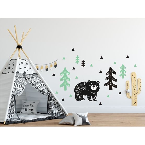 Wall decoration Bear in woods mint-black