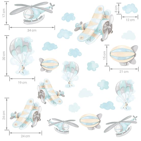 Set of wall stickers - Airplanes and balloons 22 pcs