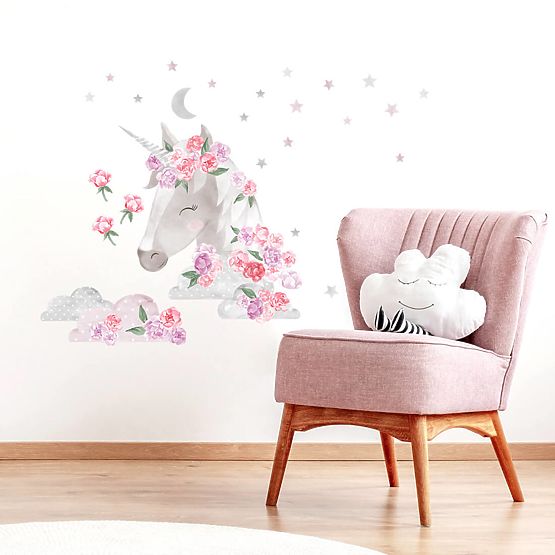 Wall sticker Unicorn with flowers - pink